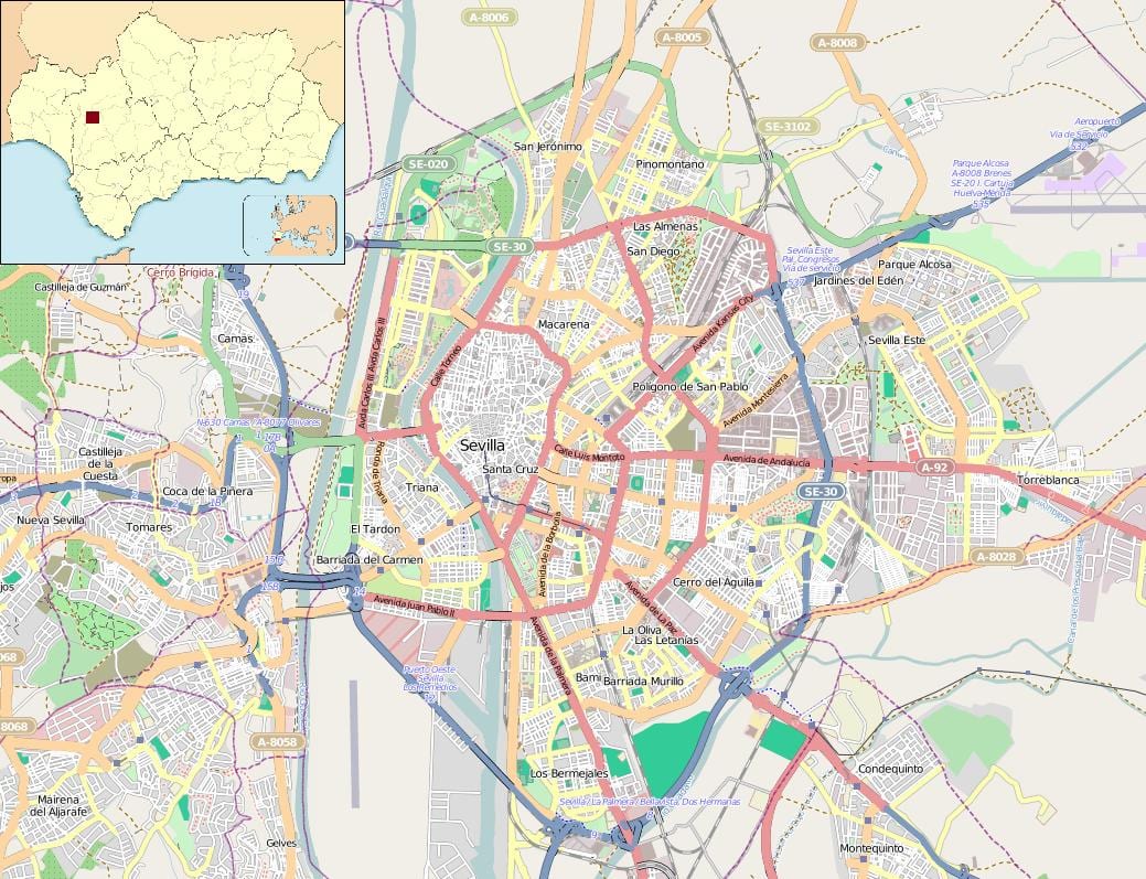 carte de Séville en espagne quartiers